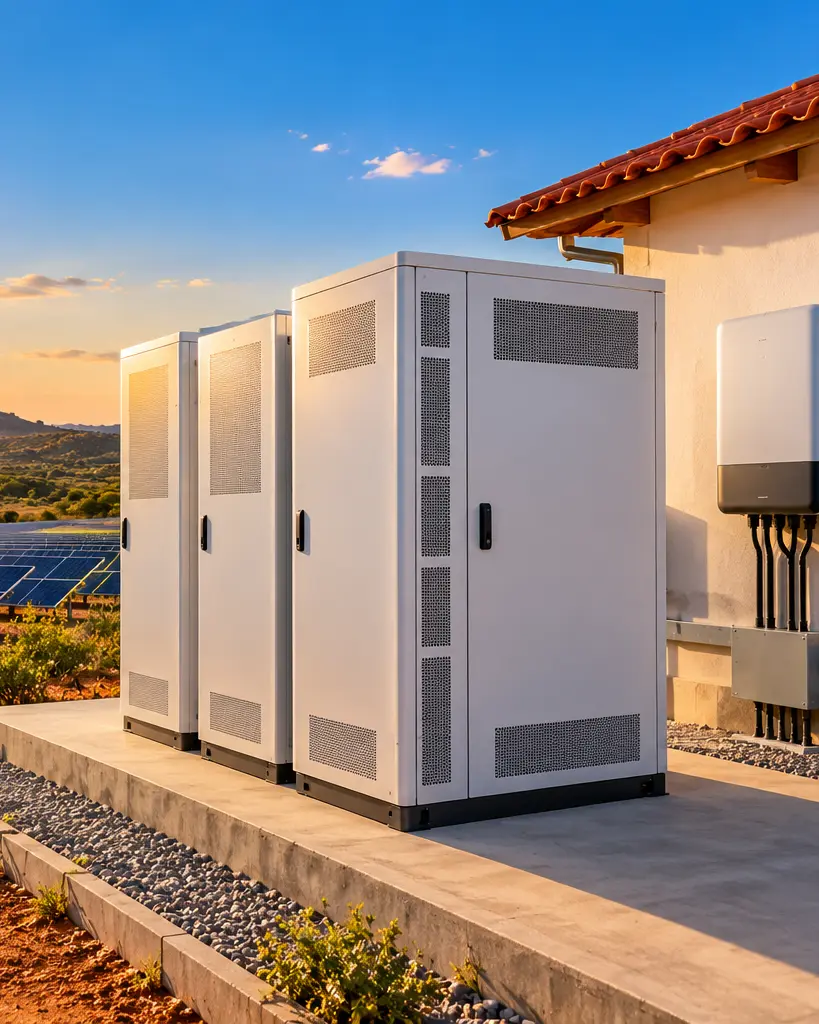 Baterias de armazenamento de energia ao lado de usina solar – imagem ilustrativa