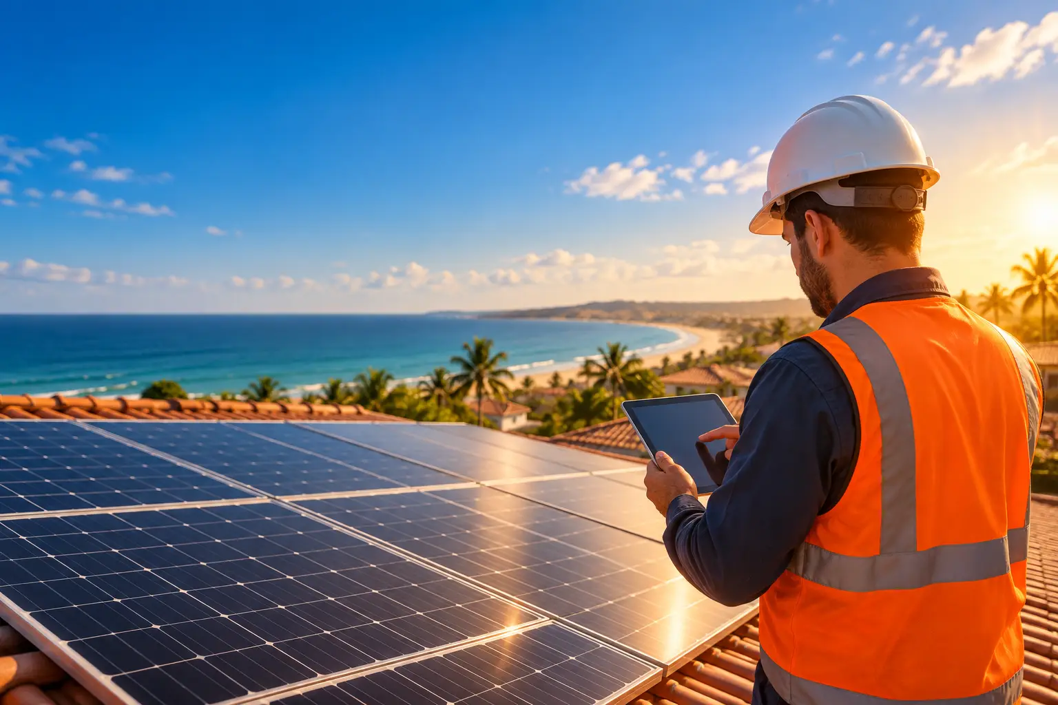 Técnico com tablet inspecionando painéis solares em telhado – imagem ilustrativa