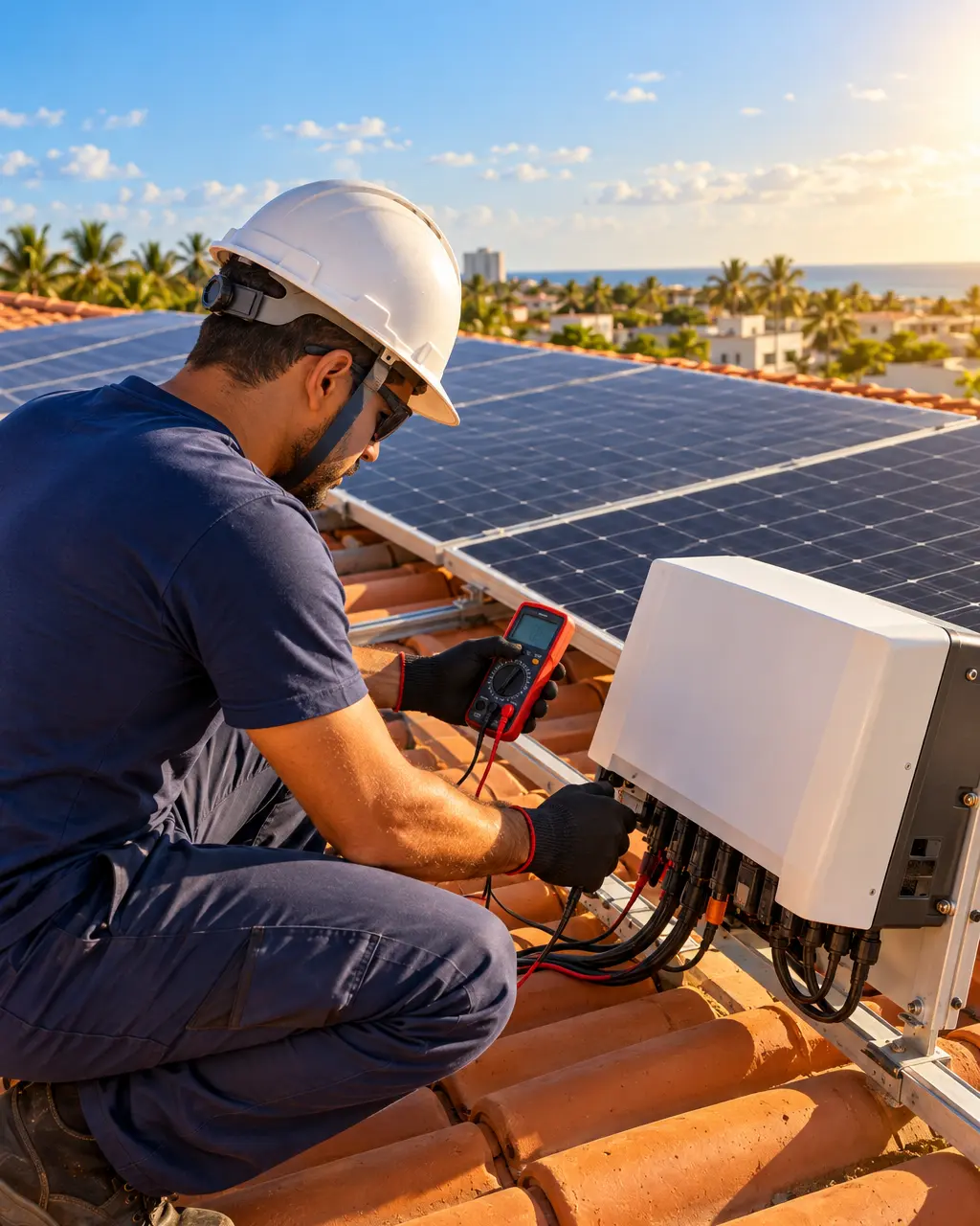 Técnico fazendo manutenção preventiva em painéis solares – imagem ilustrativa